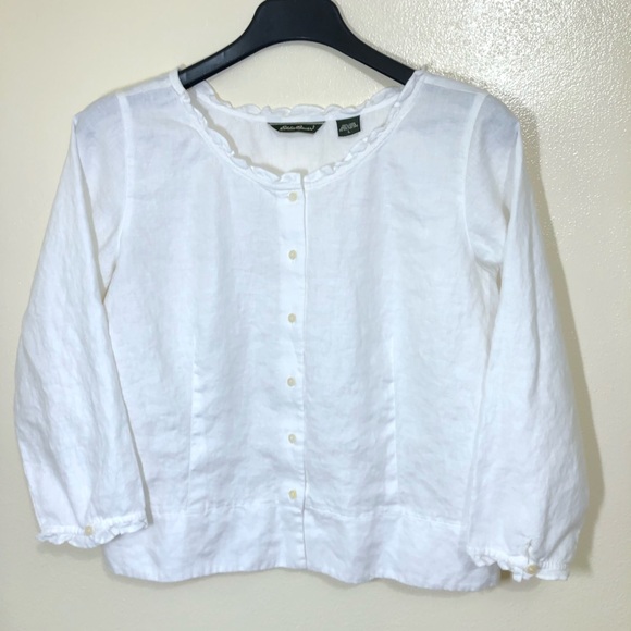 Eddie Bauer Tops - Eddie Bauer 100% Linen Cropped Ruffle Edge Top